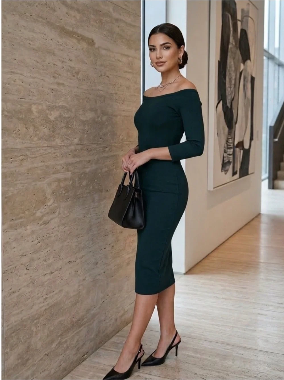 Zara Forest Green Off-Shoulder Midi Bodycon Dress